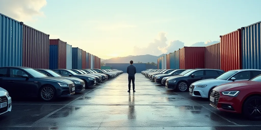 a lot of cars that are parked in a lot with shipping containers in the background and a person stand