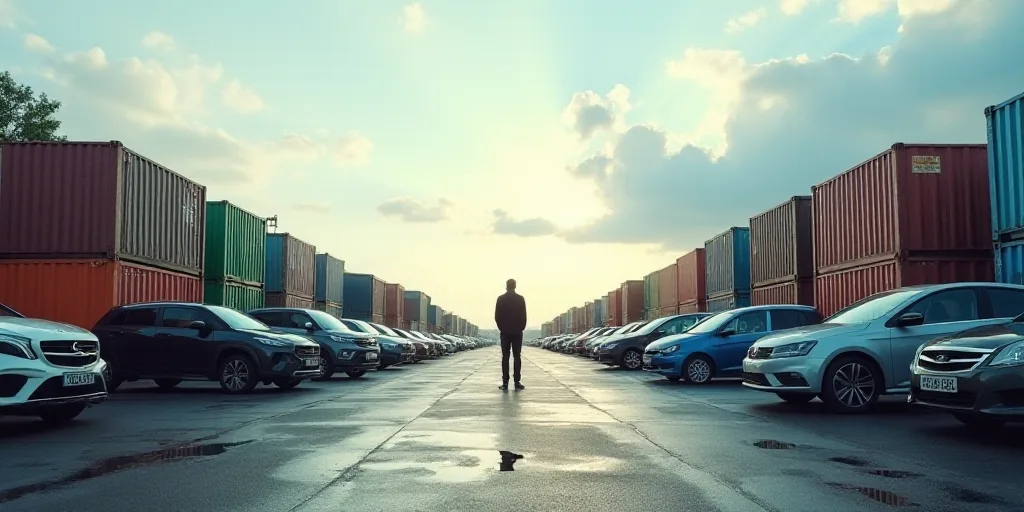 a lot of cars that are parked in a lot with shipping containers in the background and a person stand