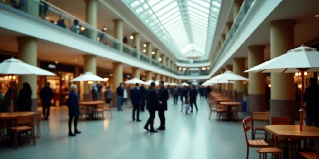a mall filled with lots of people and lots of tables and chairs with umbrellas on them and a sign th