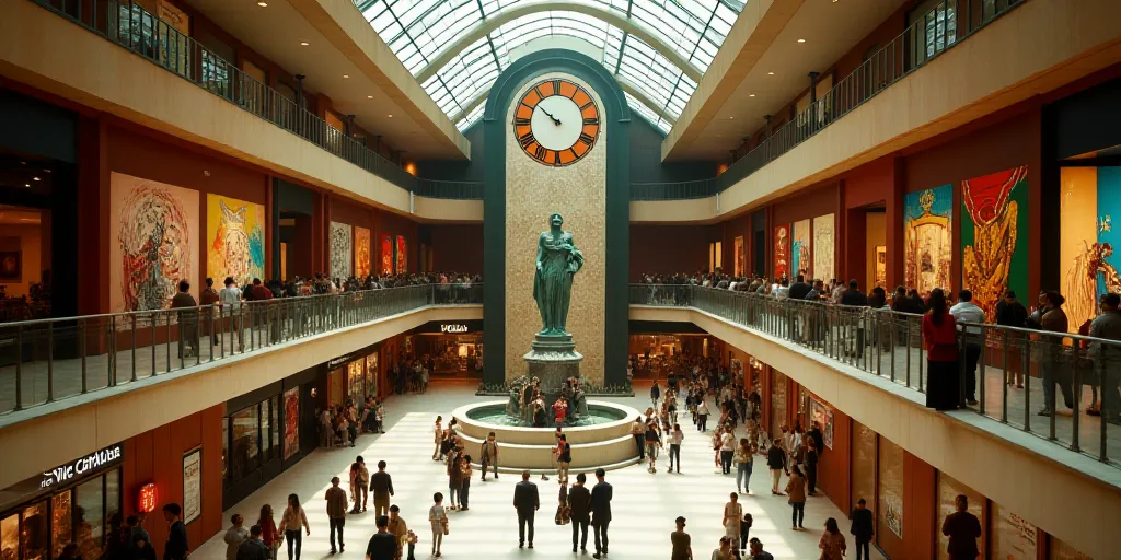 a mall with a lot of people inside of it and a clock on the wall above the lobby area, David Alfaro