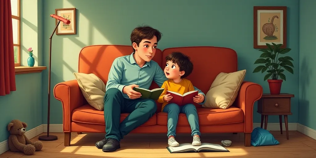 a man and a child sitting on a couch with a stuffed animal and a book in front of them, Doug Ohlson,