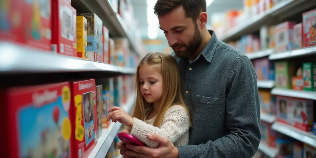 a man and a little girl are looking at toys in a store aisle with a man and a little girl, Aquirax U