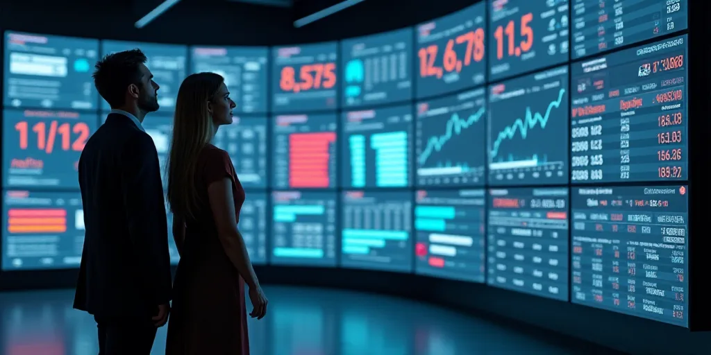 a man and a woman are looking at a display of stock information on a wall in a building with multipl