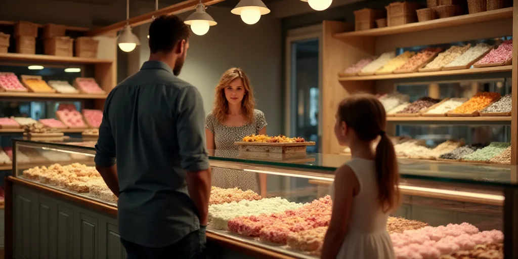 a man and a woman are standing at a candy shop counter with a little girl looking at the candy, Cefe