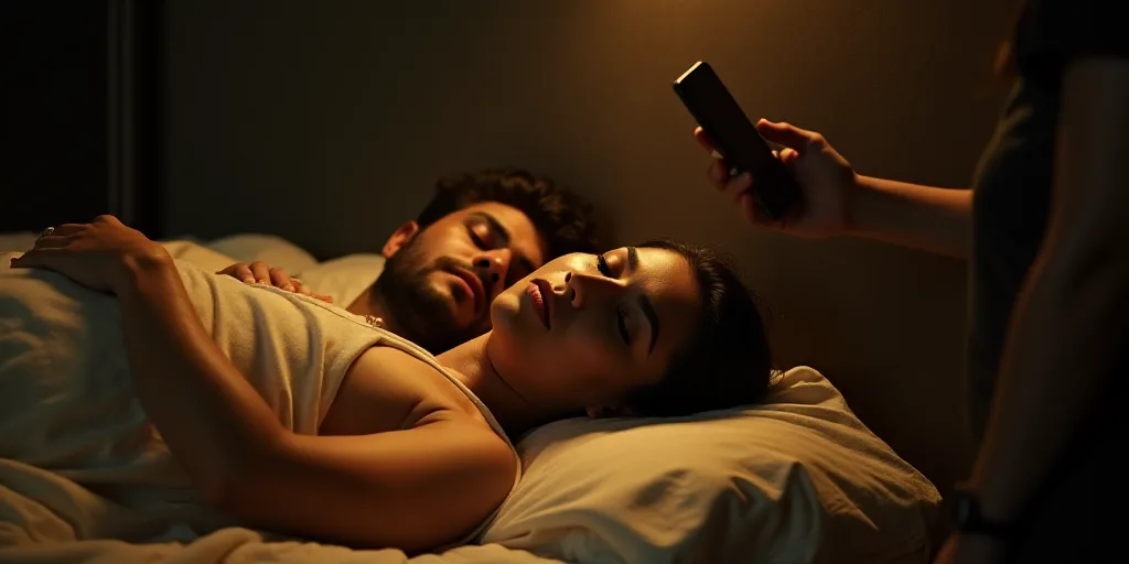 a man and a woman laying on a bed together with a light shining on them and a person holding a cell