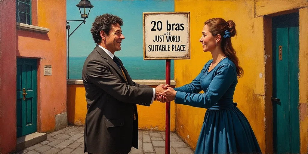 a man and a woman shaking hands in front of a sign that says 20 bras building a just world and a sui