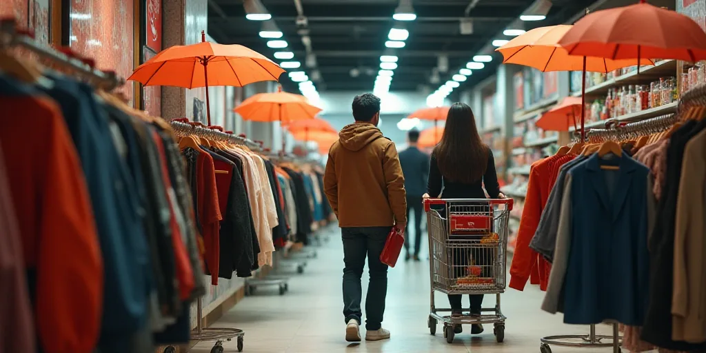 a man and a woman shopping in a store with umbrellas and clothing on display in the background and a