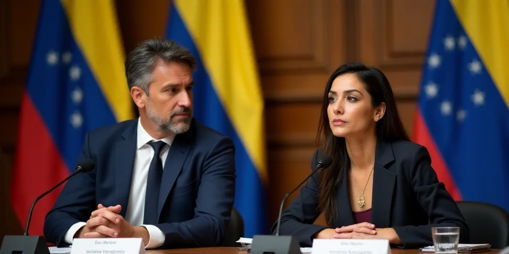 a man and a woman sitting at a table with microphones in front of them and flags behind them, Eva Go