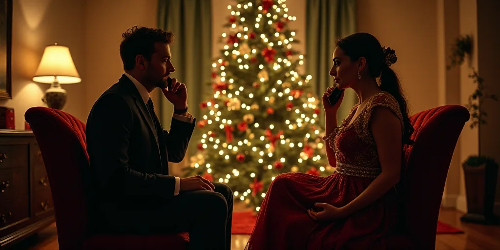 a man and a woman sitting in front of a christmas tree talking on cell phones in a room with a chris