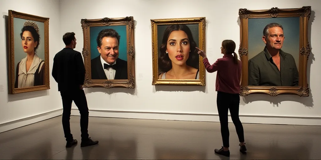 a man and a woman standing in front of paintings on a wall with a woman pointing at them with a surp