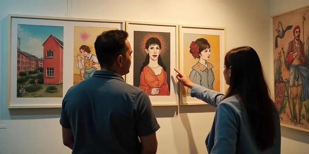 a man and a woman standing in front of a wall with paintings on it and a woman pointing at the wall,