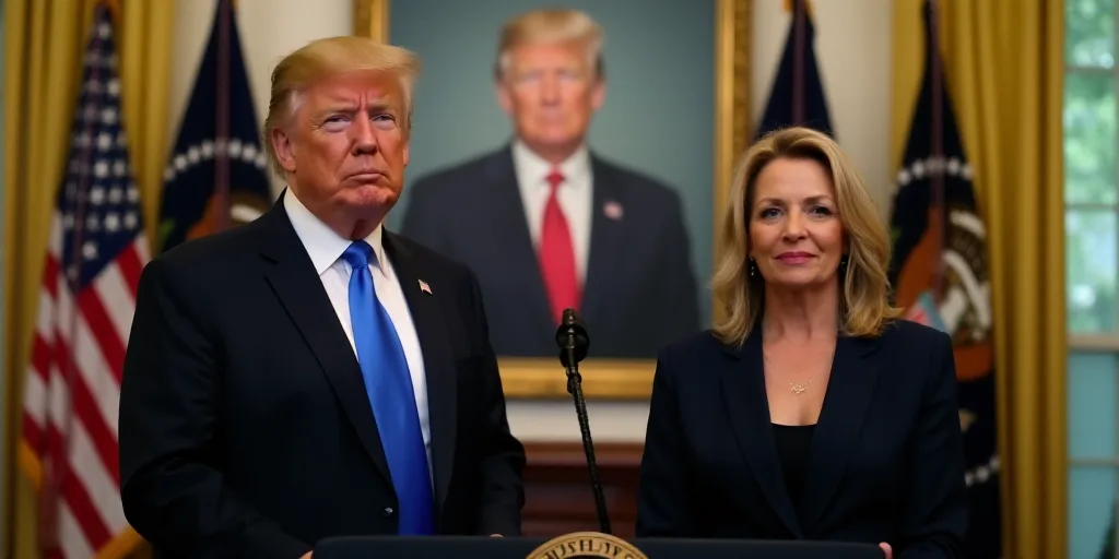 a man and a woman standing in front of a podium in a room with flags and a portrait of president don