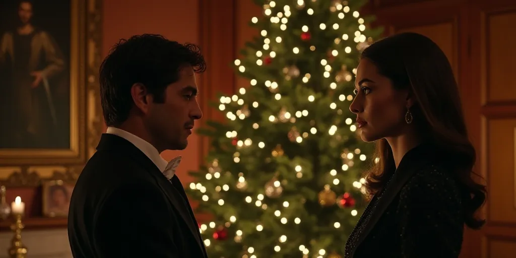 a man and a woman standing in front of a christmas tree in a room with wooden paneling and a mirror,