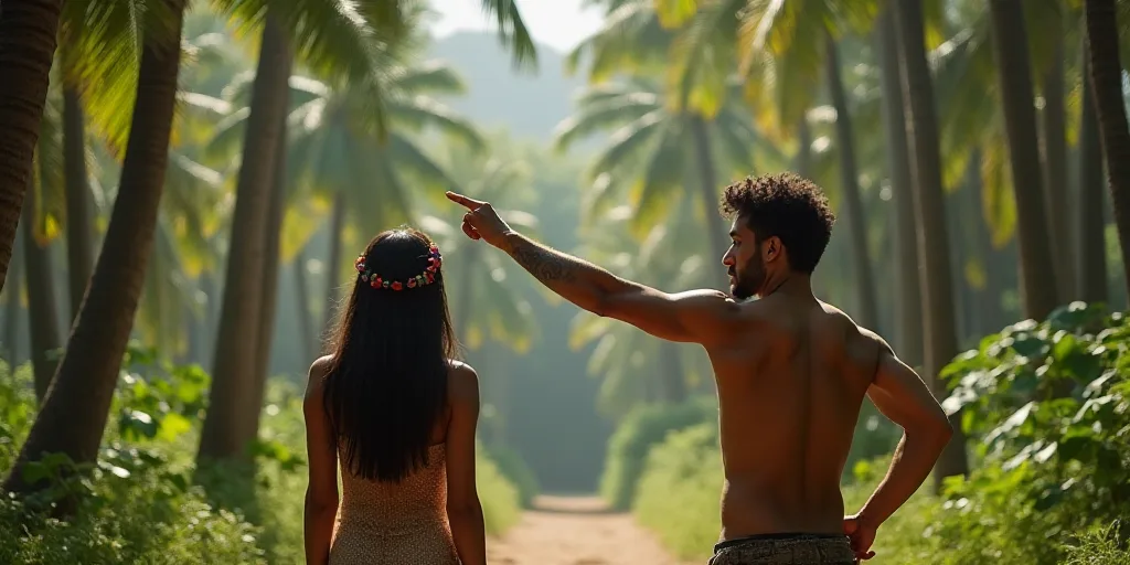 a man and a woman standing in front of a forest with palm trees and a man pointing at something, Ame