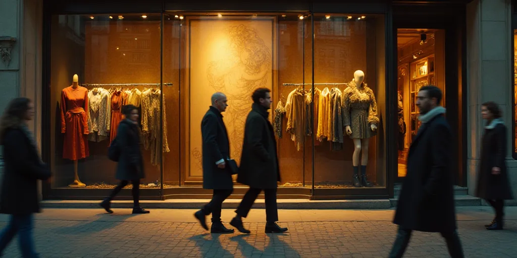 a man and a woman walking in front of a clothing store with clothes on display in the window and peo