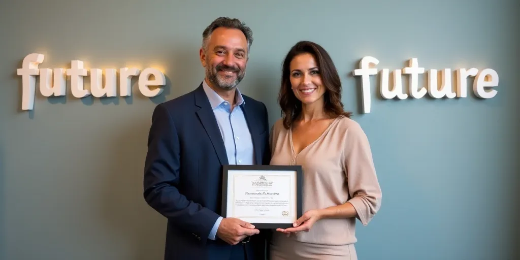 a man and woman holding a framed award in front of a wall with a sign that says, future, Araceli Gil