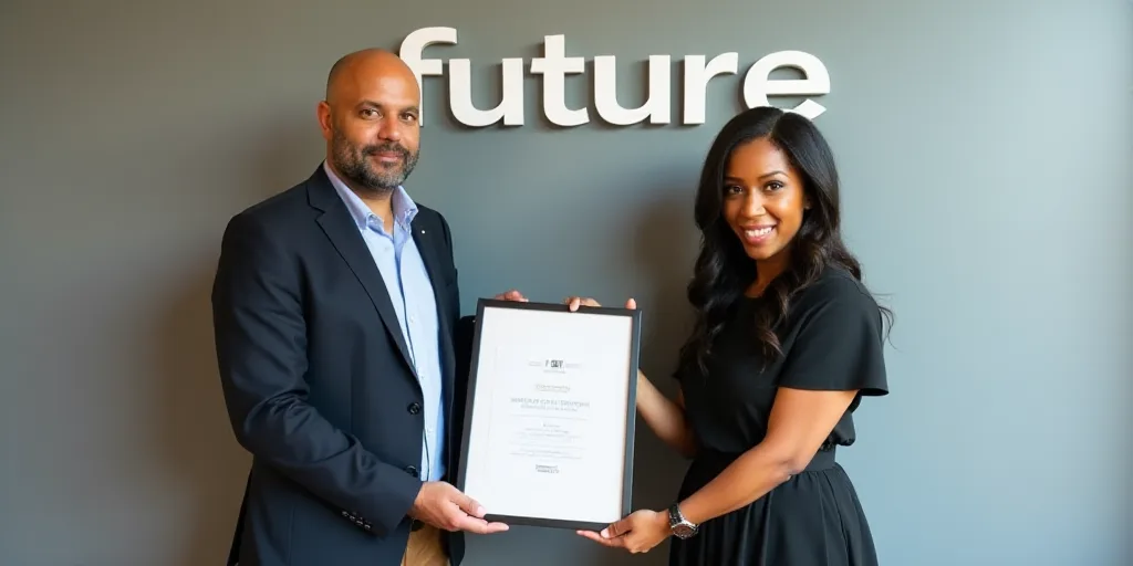 a man and woman holding a framed award in front of a wall with a sign that says, future, Araceli Gil