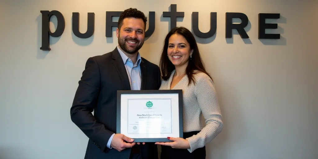 a man and woman holding a framed award in front of a wall with a sign that says, future, Araceli Gil