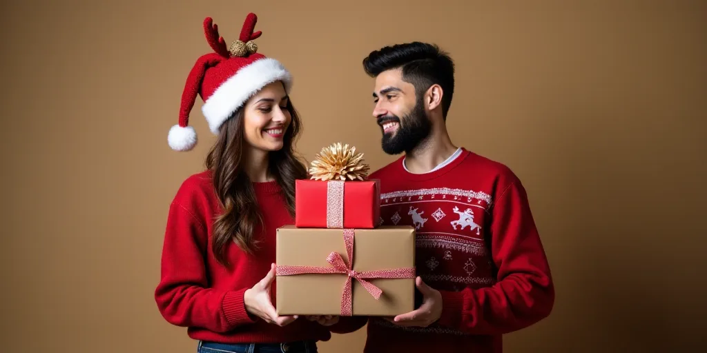 a man and woman holding a stack of presents with a reindeer hat on and a christmas sweater on and a