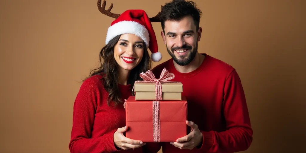 a man and woman holding a stack of presents with a reindeer hat on and a christmas sweater on and a