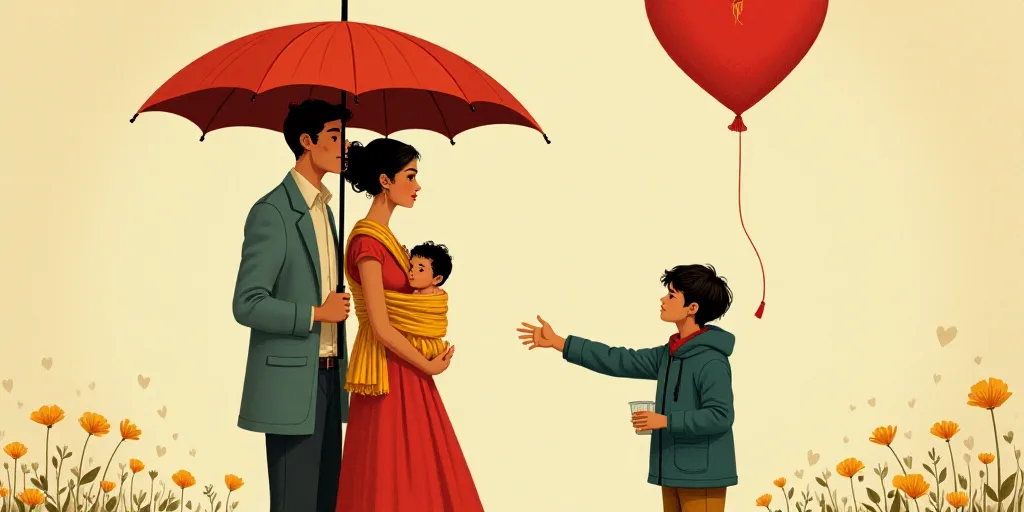 a man and woman holding an umbrella over a baby in a sling while a man holds a heart shaped balloon,