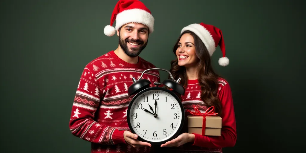 a man and woman holding presents and a clock with a christmas sweater on and a santa hat on their he