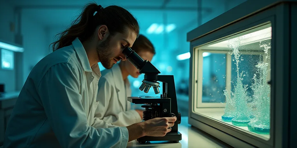 a man and woman in a lab looking at a microscope and a microscope in a glass cabinet with a lot of l