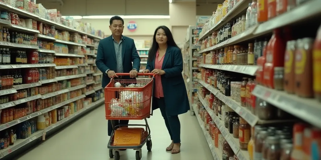 a man and woman pushing a shopping cart through a grocery store aisle with a cart full of drinks and