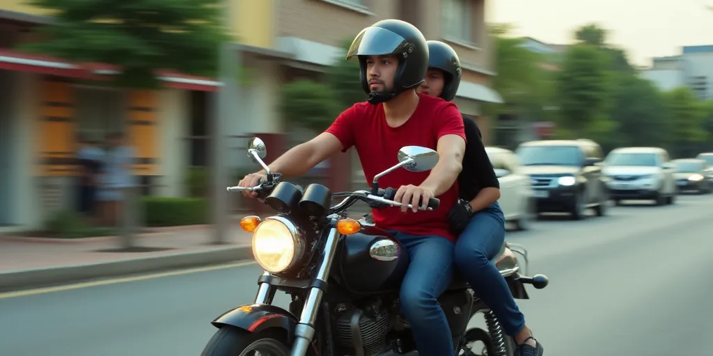a man and woman riding a motorcycle down a street with helmets on their heads and a red shirt on, Ba