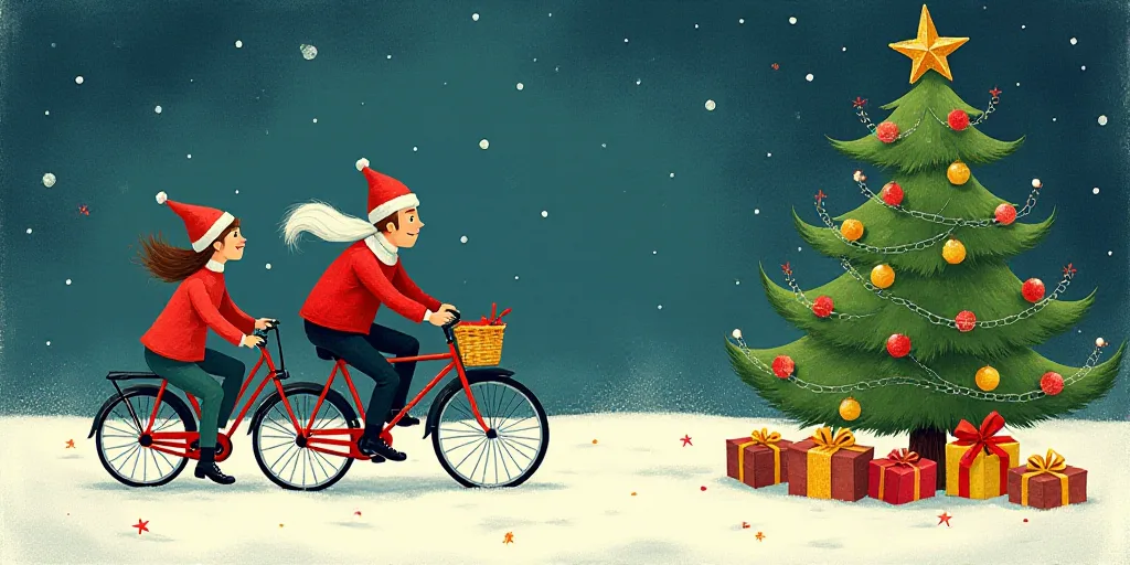 a man and woman riding bikes in front of a christmas tree and a christmas tree with presents on it,