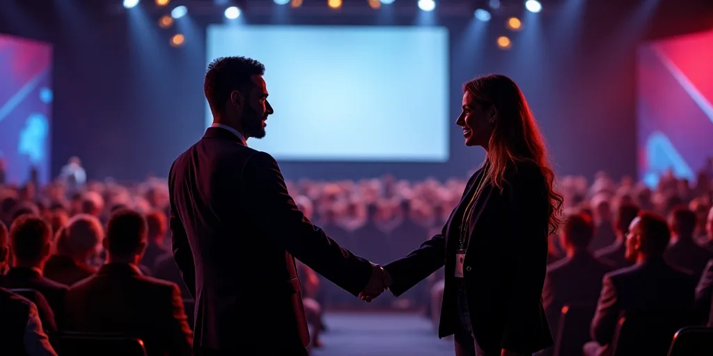 a man and woman shaking hands in front of a crowd of people at a convention or convention hall with