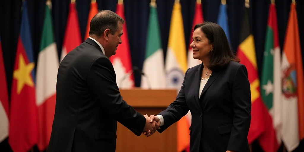 a man and woman shaking hands in front of flags of different countries and countries on a stage with