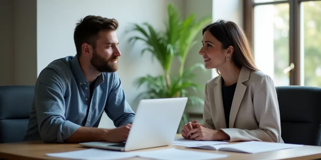 a man and woman sitting at a desk with a laptop and papers in front of them, talking to each other,