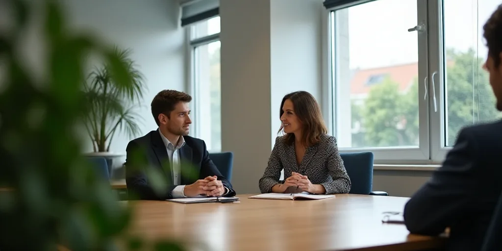 a man and woman sitting at a table talking to each other in a meeting room with a plant in the foreg