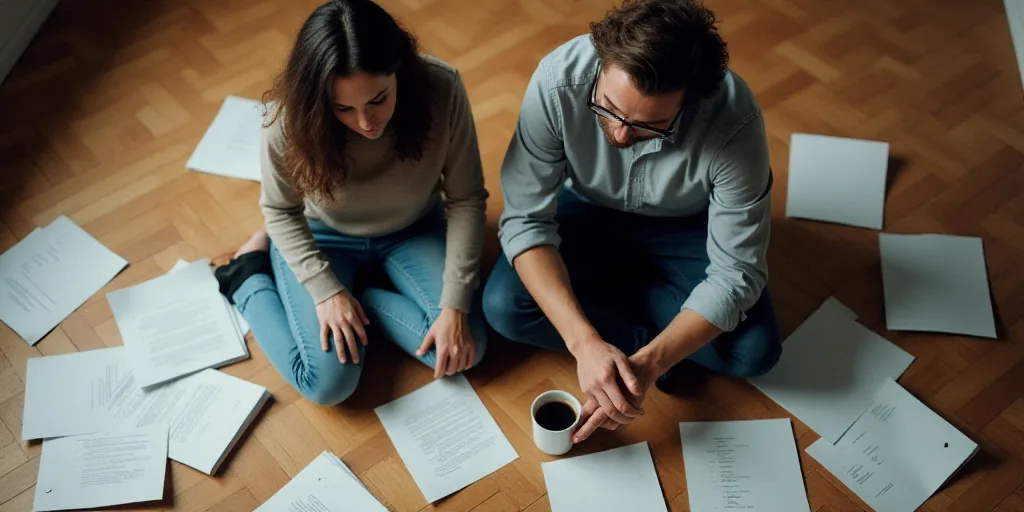 a man and woman sitting on the floor with papers scattered around them and a cup of coffee in front