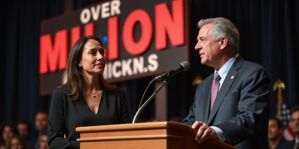 a man and woman standing at a podium in front of a microphone and a sign that says, over 30 million