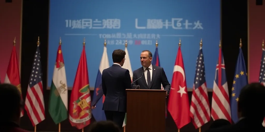 a man and woman standing at a podium in front of a screen with flags on it and a man in a suit stand