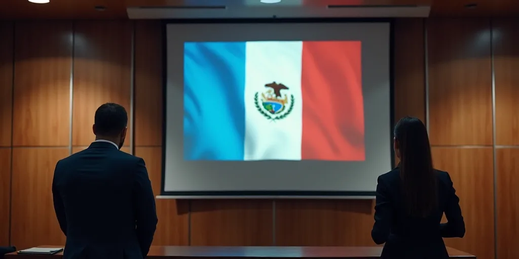 a man and woman standing at a podium in front of a screen with a flag on it and a banner behind them