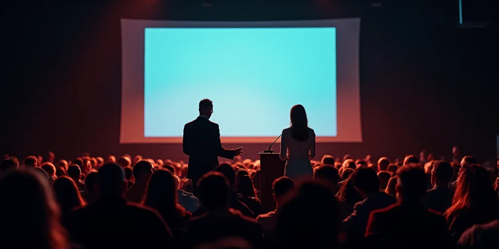 a man and woman standing at a podium in front of a crowd of people in front of a large screen, Ánge
