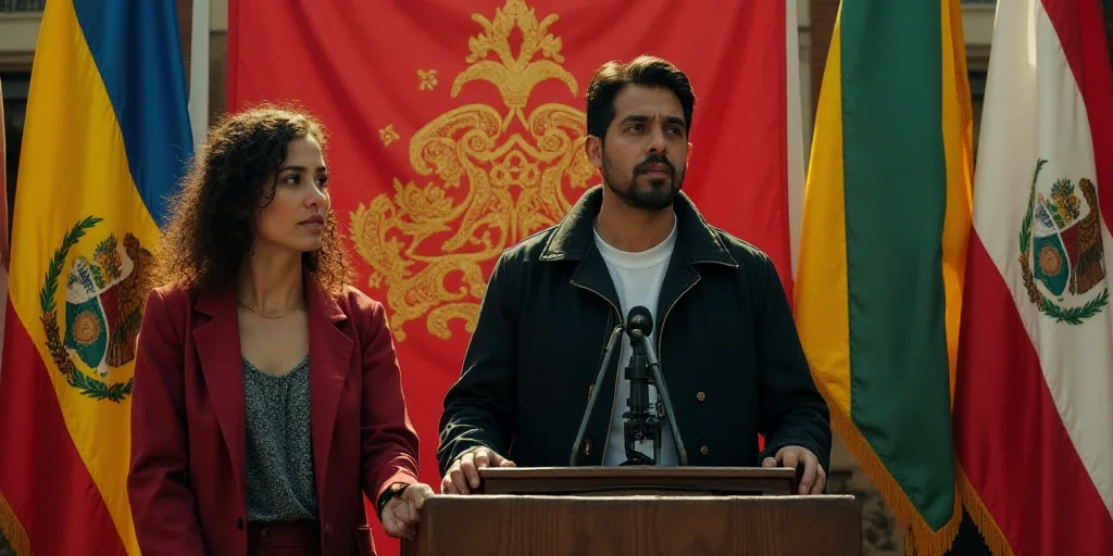 a man and woman standing at a podium in front of flags and a microphone with a man in a black jacket