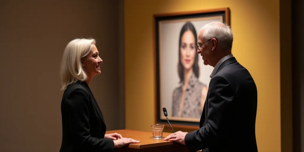 a man and woman standing in front of a podium with a poster of a woman on it's wall, Ancell Stronach
