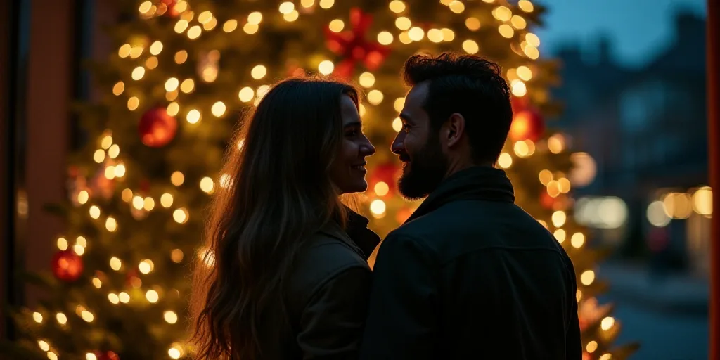 a man and woman standing in front of a christmas tree with lights on it and a christmas tree behind