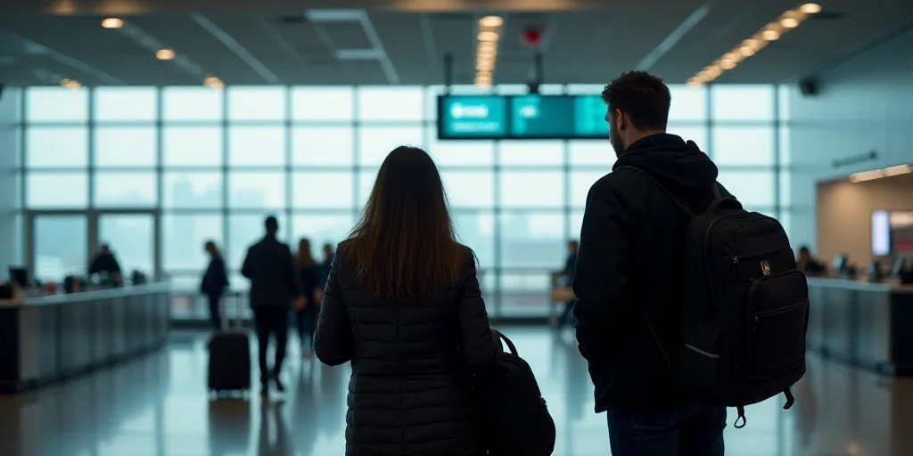 a man and woman standing in front of a counter at an airport with luggage on it and a man in a black
