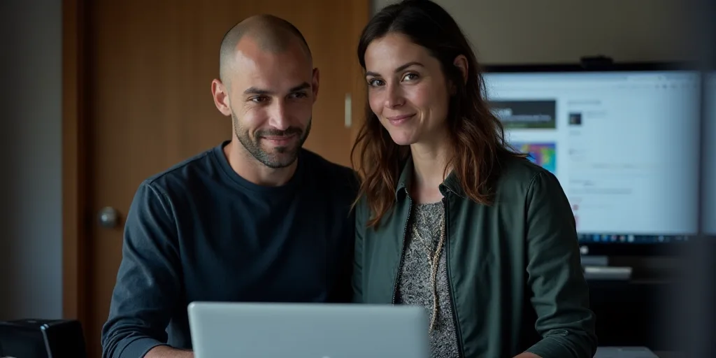 a man and woman standing next to each other in front of a computer screen and a tablet computer in f