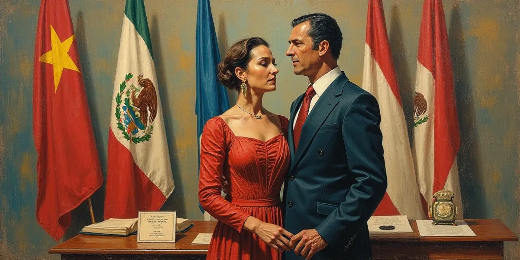 a man and woman standing next to each other in front of flags and a desk with a plaque on it, David