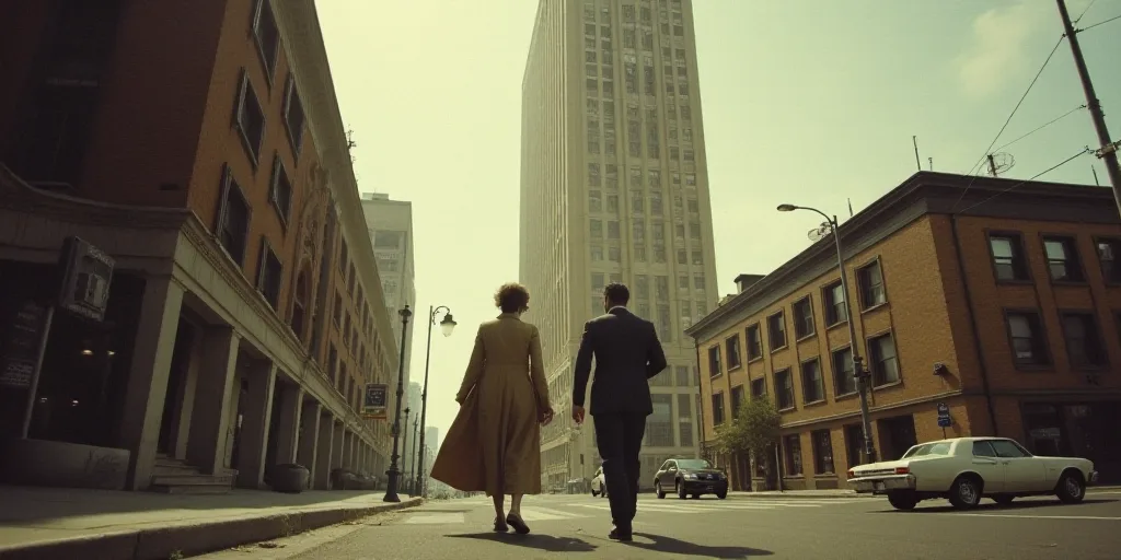 a man and woman walking down a street past a tall building with a clock on it's side, Emiliano Ponzi