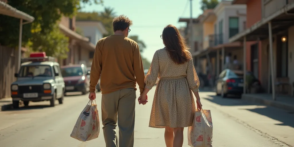 a man and woman walking down a street holding hands and carrying a bag with a large body of artwork