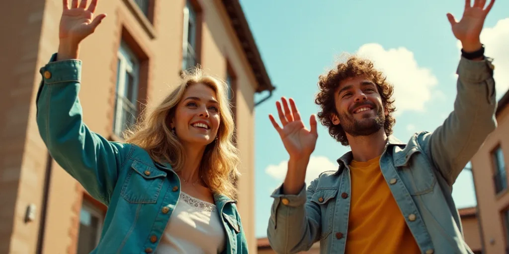 a man and woman waving and waving their hands in the air while standing outside a building with a bu