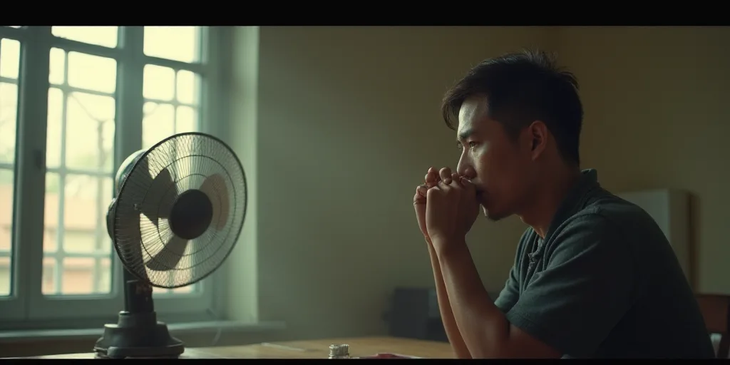 a man blowing his nose in front of a fan in a room with a window and a fan on the wall, Fan Kuan, ph