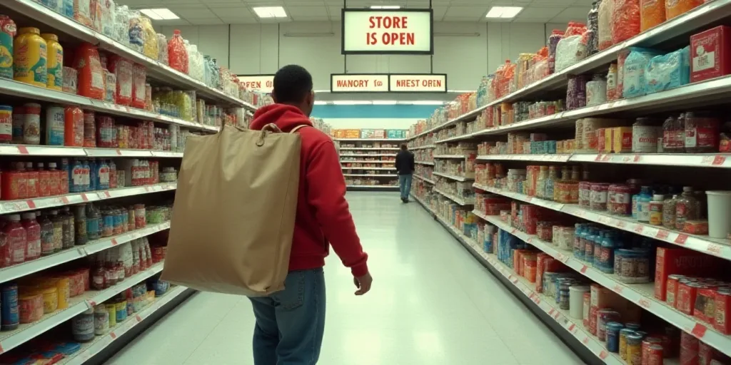 a man carrying a large bag of items in a store aisle with a sign reading,'the store is open ', Felix